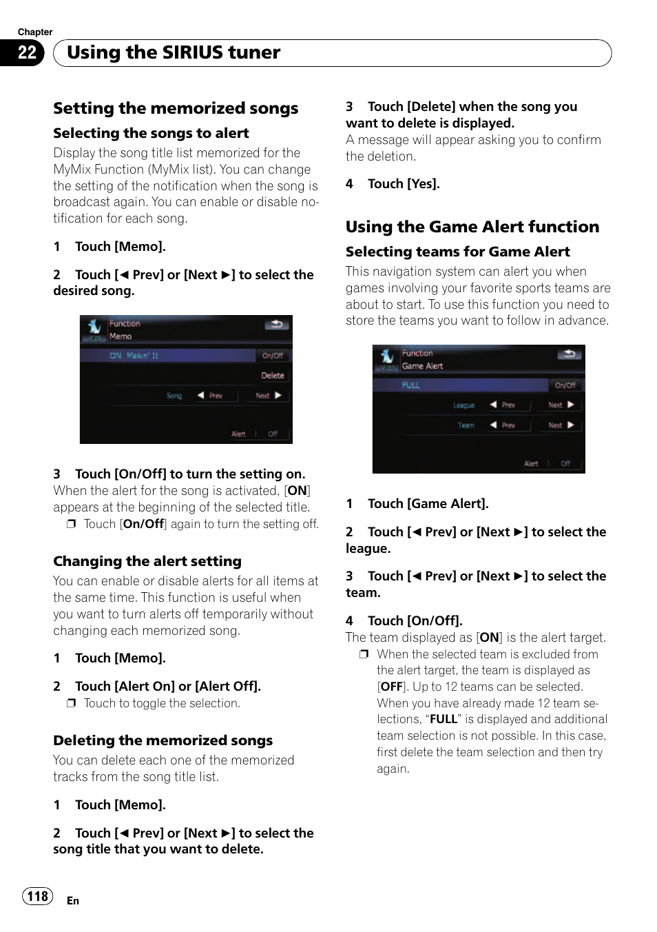 Setting the memorized songs 118, Using the game alert function 118, Setting the memor | Selecting the songs, Using the sirius tuner, Using the game alert function | Pioneer Premier Flash Memory Multimedia AV Navigation Receiver AVIC-F90BT User Manual | Page 118 / 189