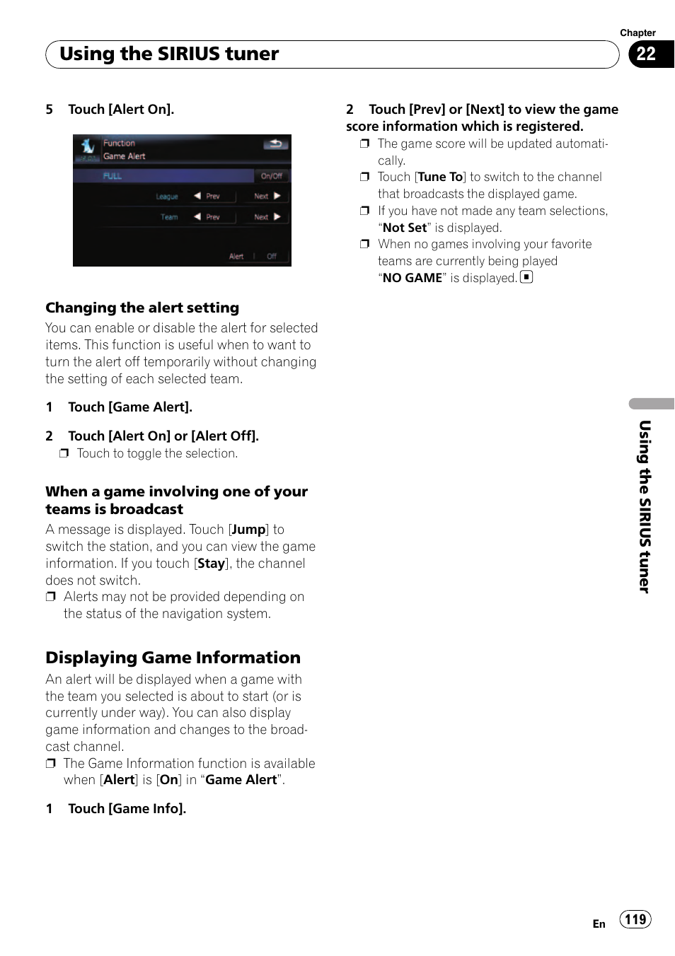 Displaying game information 119, Using the sirius tuner, Displaying game information | Pioneer Premier Flash Memory Multimedia AV Navigation Receiver AVIC-F90BT User Manual | Page 119 / 189