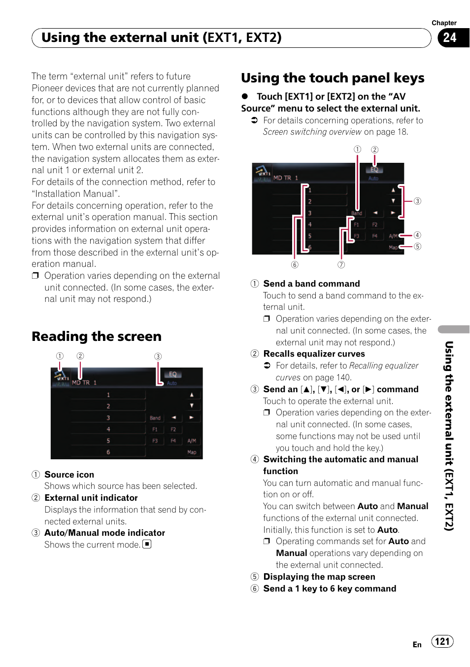 Using the touch panel keys, Reading the screen, Using the external unit (ext1, ext2) | Pioneer Premier Flash Memory Multimedia AV Navigation Receiver AVIC-F90BT User Manual | Page 121 / 189
