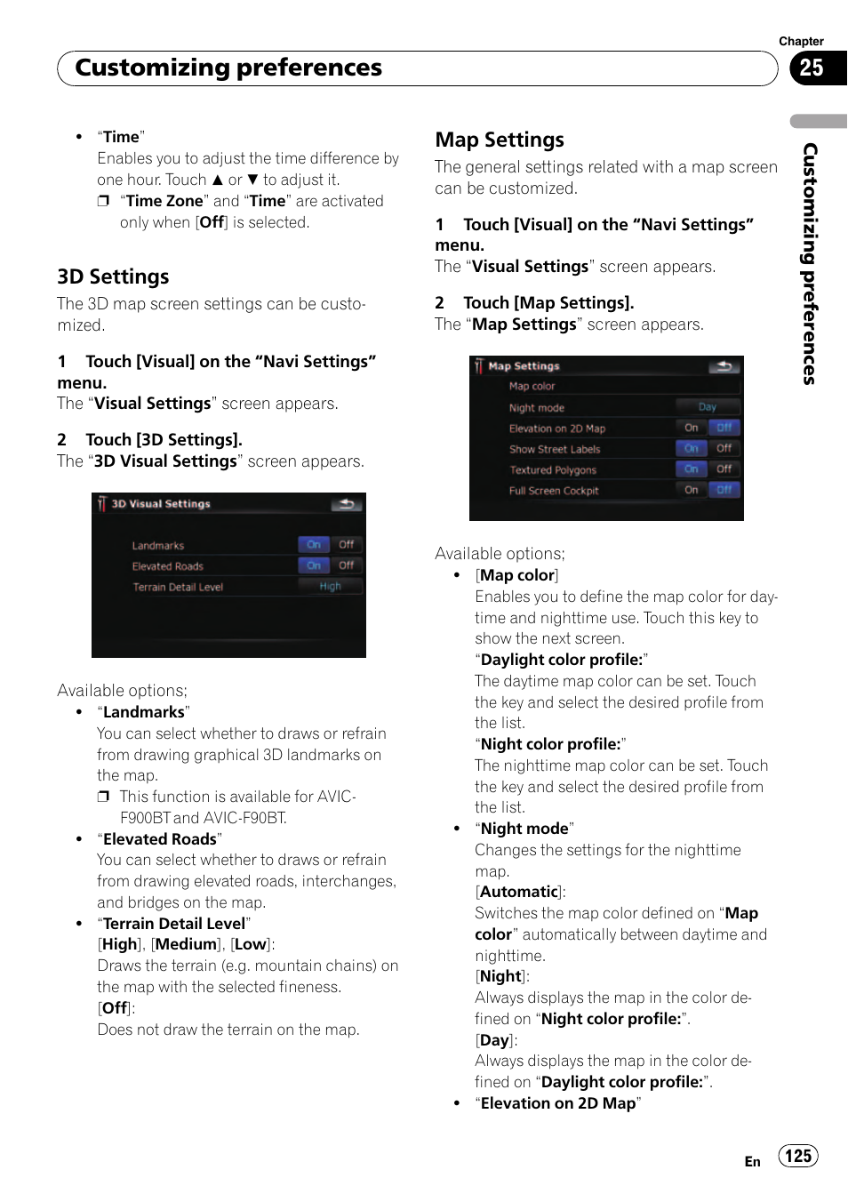 3d settings 125, Map settings 125, Map settings on | Customizing preferences, 3d settings, Map settings | Pioneer Premier Flash Memory Multimedia AV Navigation Receiver AVIC-F90BT User Manual | Page 125 / 189