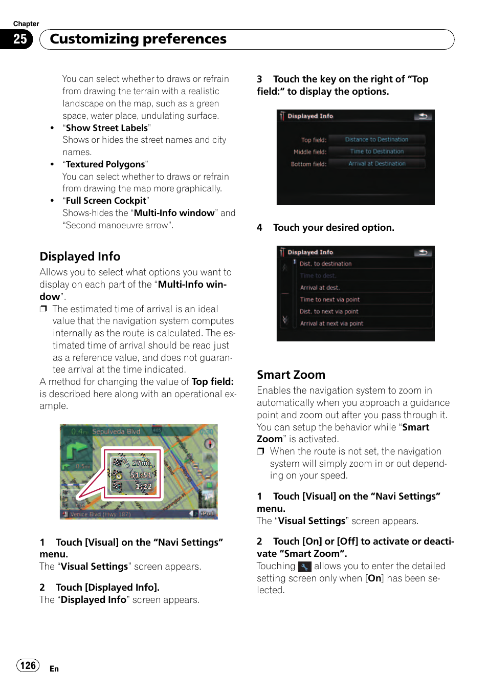 Displayed info 126, Smart zoom 126, Displayed info on | Customizing preferences, Displayed info, Smart zoom | Pioneer Premier Flash Memory Multimedia AV Navigation Receiver AVIC-F90BT User Manual | Page 126 / 189