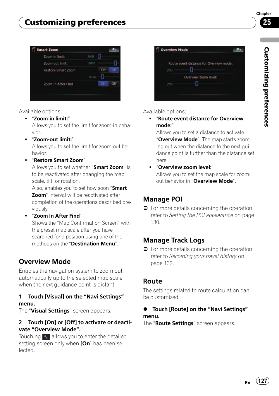 Overview mode 127, Manage poi 127, Manage track logs 127 | Route 127, Customizing preferences, Overview mode, Manage poi, Manage track logs, Route | Pioneer Premier Flash Memory Multimedia AV Navigation Receiver AVIC-F90BT User Manual | Page 127 / 189