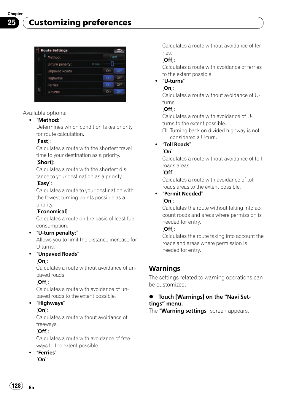 Warnings 128, Customizing preferences, Warnings | Pioneer Premier Flash Memory Multimedia AV Navigation Receiver AVIC-F90BT User Manual | Page 128 / 189