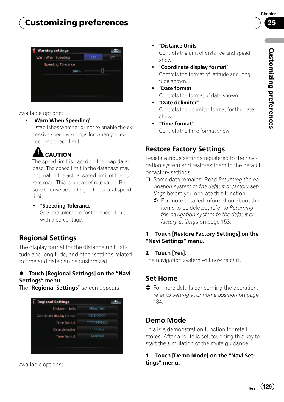 Regional settings 129, Restore factory settings 129, Set home 129 | Demo mode 129, Demo mode on, Customizing preferences, Regional settings, Restore factory settings, Set home, Demo mode | Pioneer Premier Flash Memory Multimedia AV Navigation Receiver AVIC-F90BT User Manual | Page 129 / 189