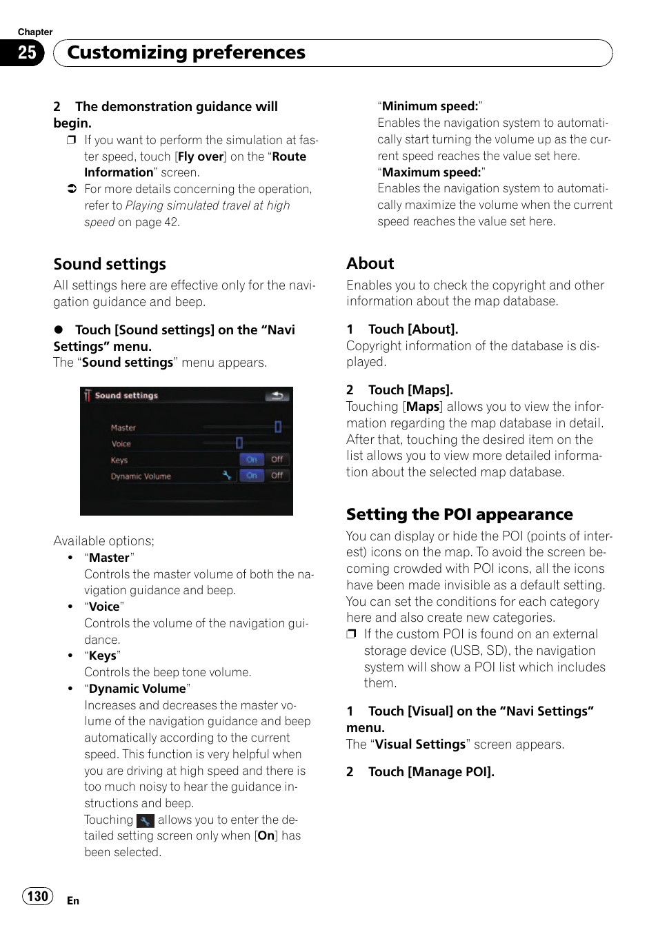 Sound settings 130, About 130, Setting the poi appearance 130 | Customizing preferences, Sound settings, About, Setting the poi appearance | Pioneer Premier Flash Memory Multimedia AV Navigation Receiver AVIC-F90BT User Manual | Page 130 / 189