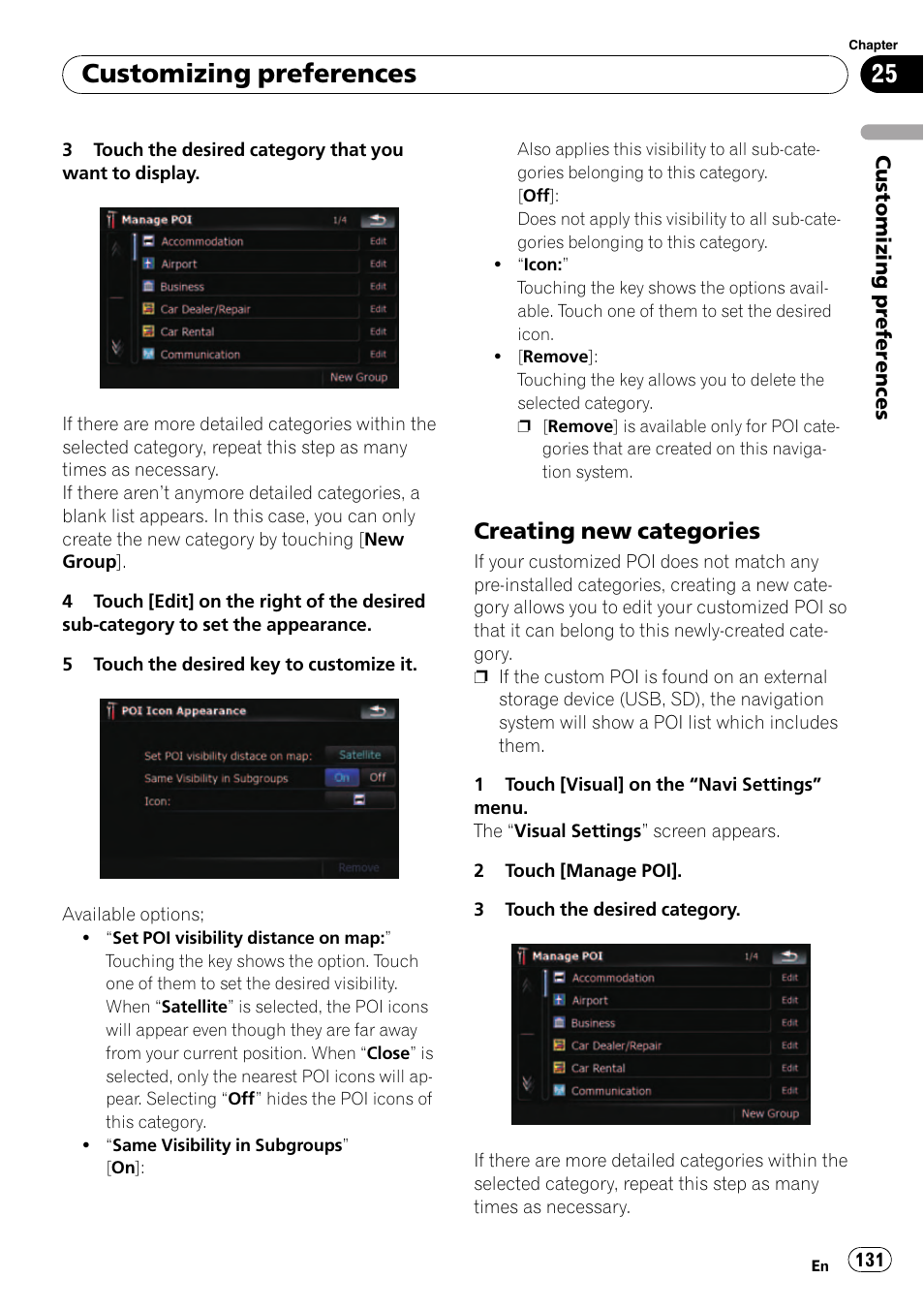 Creating new categories 131, Customizing preferences, Creating new categories | Pioneer Premier Flash Memory Multimedia AV Navigation Receiver AVIC-F90BT User Manual | Page 131 / 189