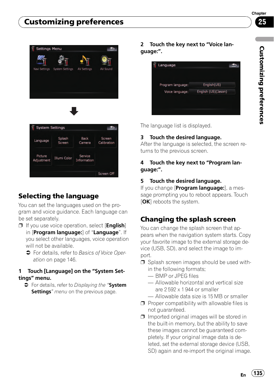 Selecting the language 135, Changing the splash screen 135, Selecting the lan | Customizing preferences, Selecting the language, Changing the splash screen | Pioneer Premier Flash Memory Multimedia AV Navigation Receiver AVIC-F90BT User Manual | Page 135 / 189