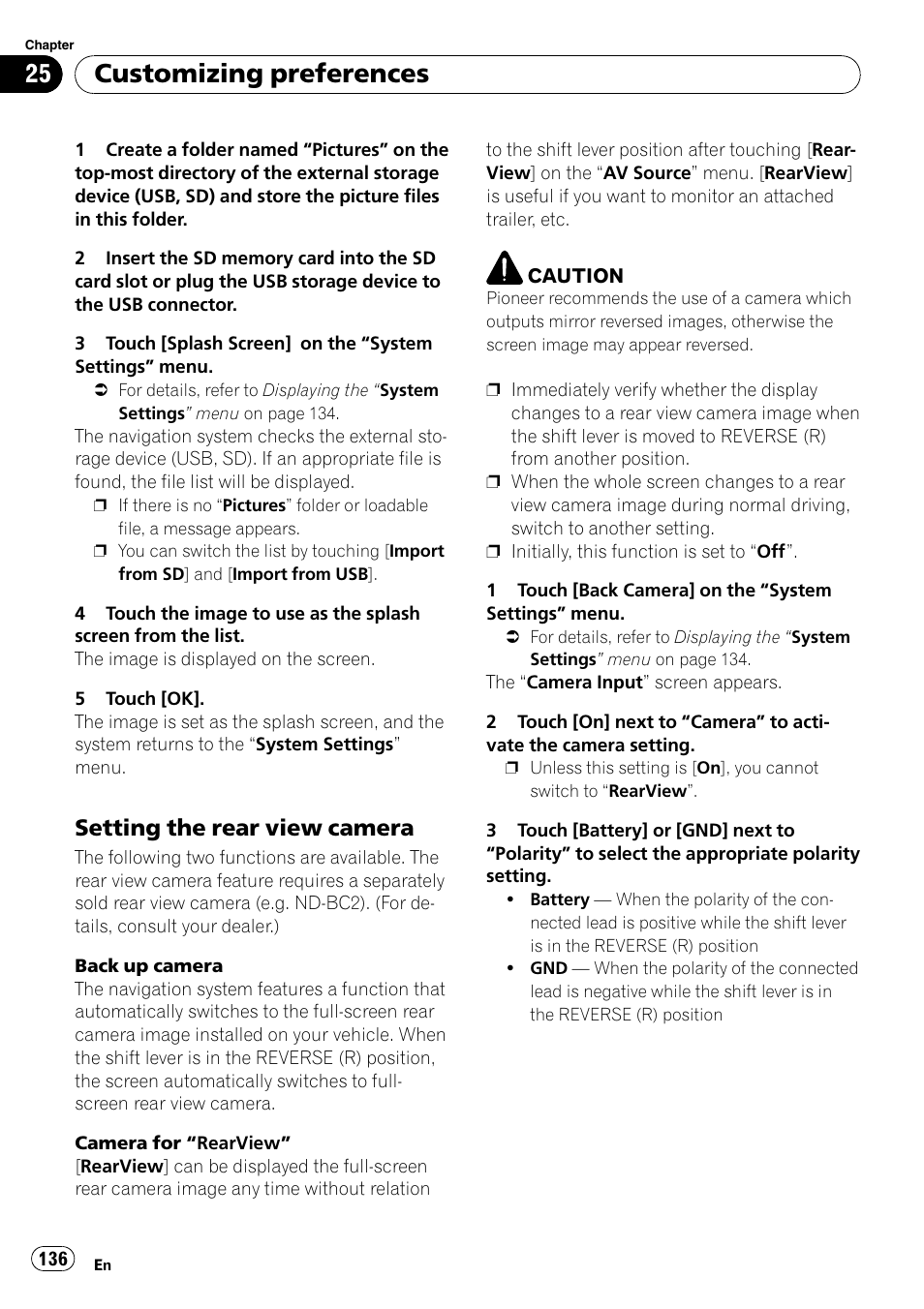 Setting the rear view camera 136, Customizing preferences, Setting the rear view camera | Pioneer Premier Flash Memory Multimedia AV Navigation Receiver AVIC-F90BT User Manual | Page 136 / 189