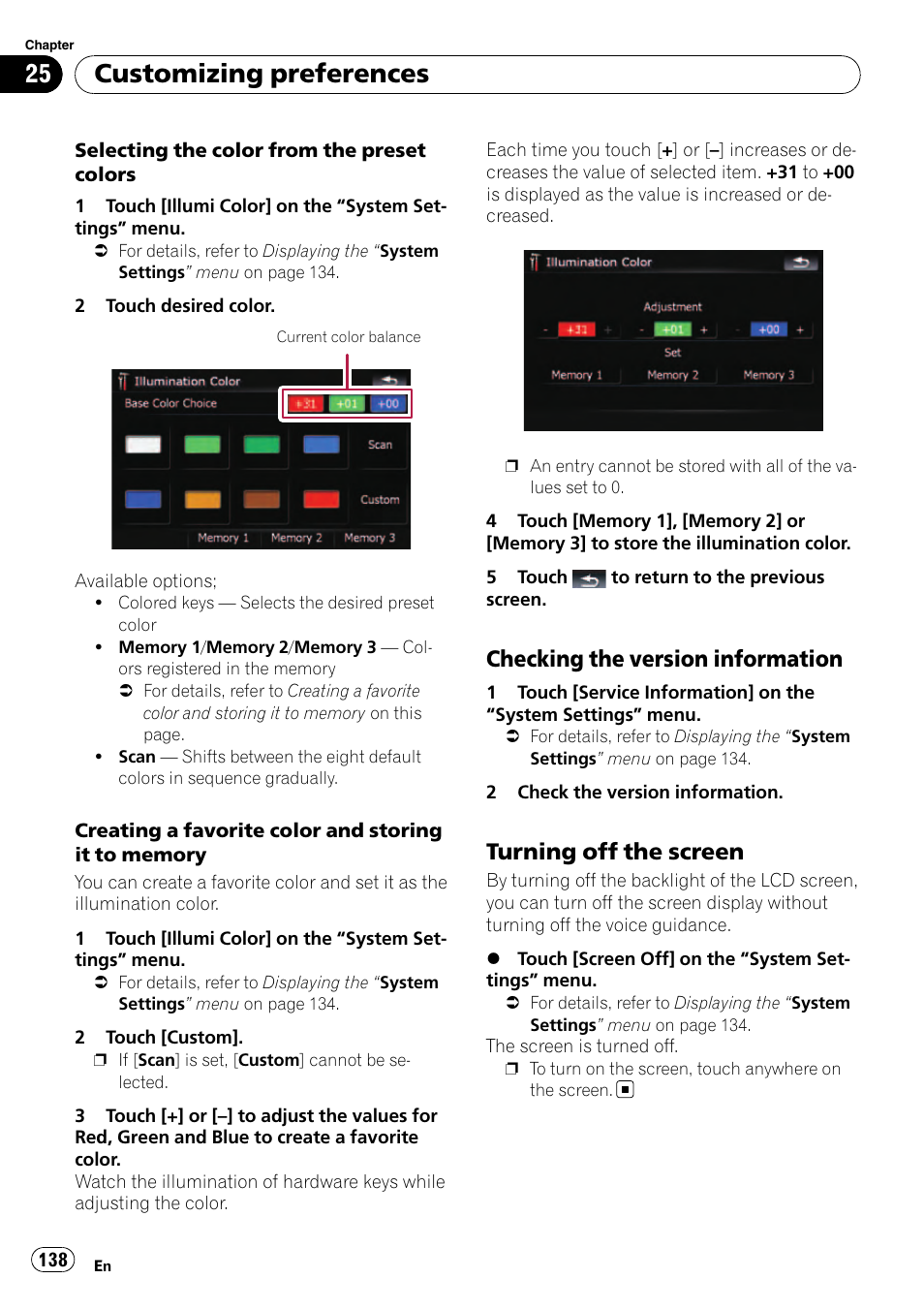 Checking the version information 138, Turning off the screen 138, Customizing preferences | Checking the version information, Turning off the screen | Pioneer Premier Flash Memory Multimedia AV Navigation Receiver AVIC-F90BT User Manual | Page 138 / 189