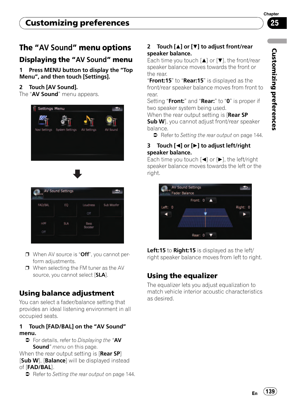 Av sound” menu options 139, Displaying the “av sound” menu 139, Using balance adjustment 139 | Using the equalizer 139, The “av sound” menu options, Customizing preferences | Pioneer Premier Flash Memory Multimedia AV Navigation Receiver AVIC-F90BT User Manual | Page 139 / 189