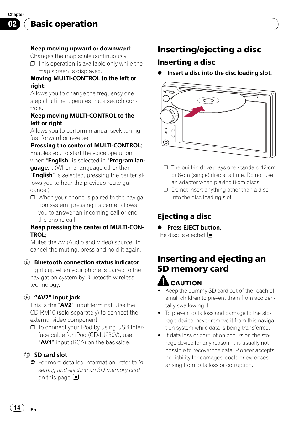 Inserting/ejecting a disc, Inserting a disc 14, Ejecting a disc 14 | Inserting and ejecting an sd memory, Card, Basic operation, Inserting a disc, Ejecting a disc | Pioneer Premier Flash Memory Multimedia AV Navigation Receiver AVIC-F90BT User Manual | Page 14 / 189