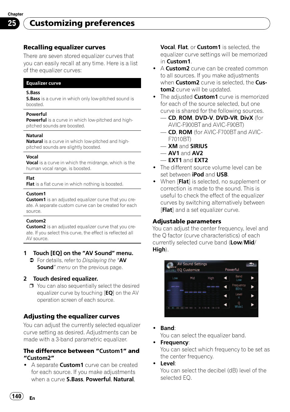 Recalling equalizer, Customizing preferences | Pioneer Premier Flash Memory Multimedia AV Navigation Receiver AVIC-F90BT User Manual | Page 140 / 189