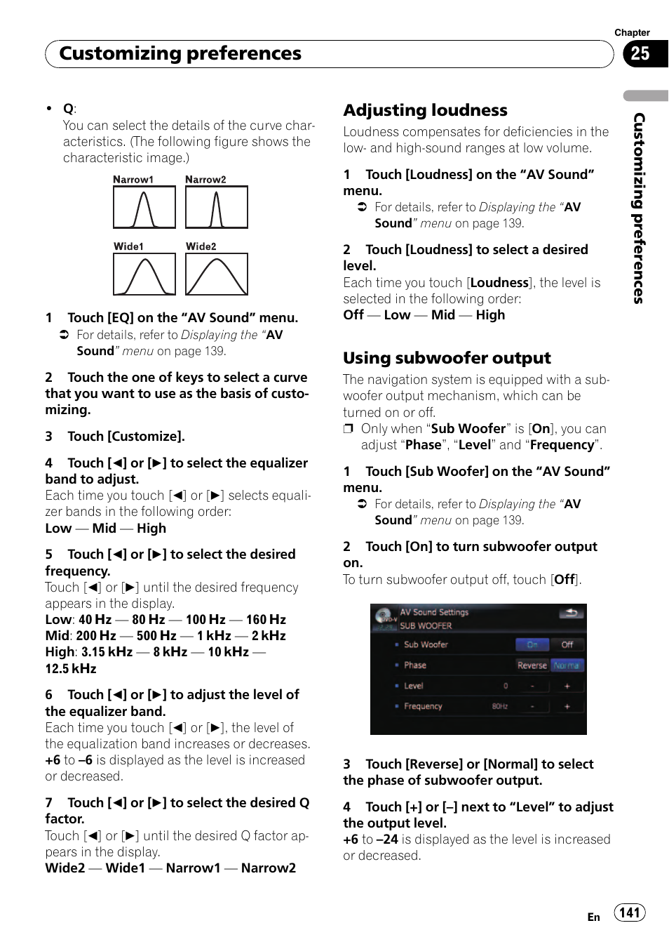Adjusting loudness 141, Using subwoofer output 141, Customizing preferences | Adjusting loudness, Using subwoofer output | Pioneer Premier Flash Memory Multimedia AV Navigation Receiver AVIC-F90BT User Manual | Page 141 / 189