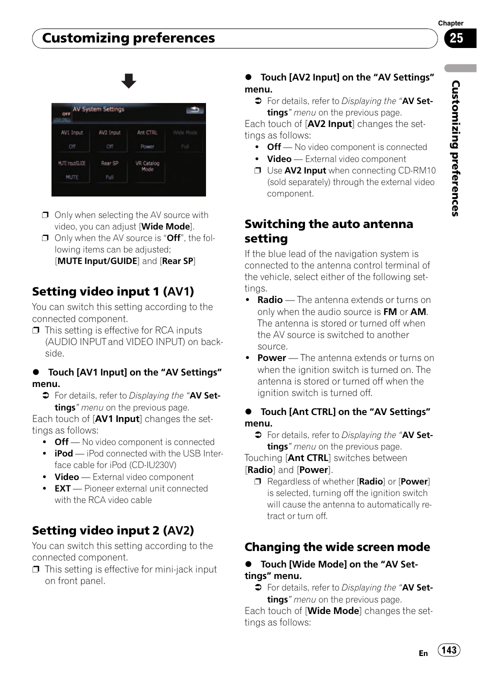 Setting video input 1 (av1) 143, Setting video input 2 (av2) 143, Switching the auto antenna | Setting, Changing the wide screen mode 143, Setting video input 1, Setting video input 2, Customizing preferences, Setting video input 1 (av1), Setting video input 2 (av2) | Pioneer Premier Flash Memory Multimedia AV Navigation Receiver AVIC-F90BT User Manual | Page 143 / 189