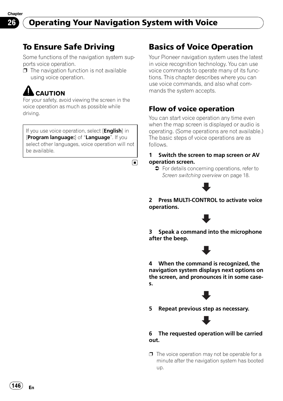 Basics of voice operation, Flow of voice operation 146, Basics of voice oper | Operating your navigation system with voice, Flow of voice operation | Pioneer Premier Flash Memory Multimedia AV Navigation Receiver AVIC-F90BT User Manual | Page 146 / 189