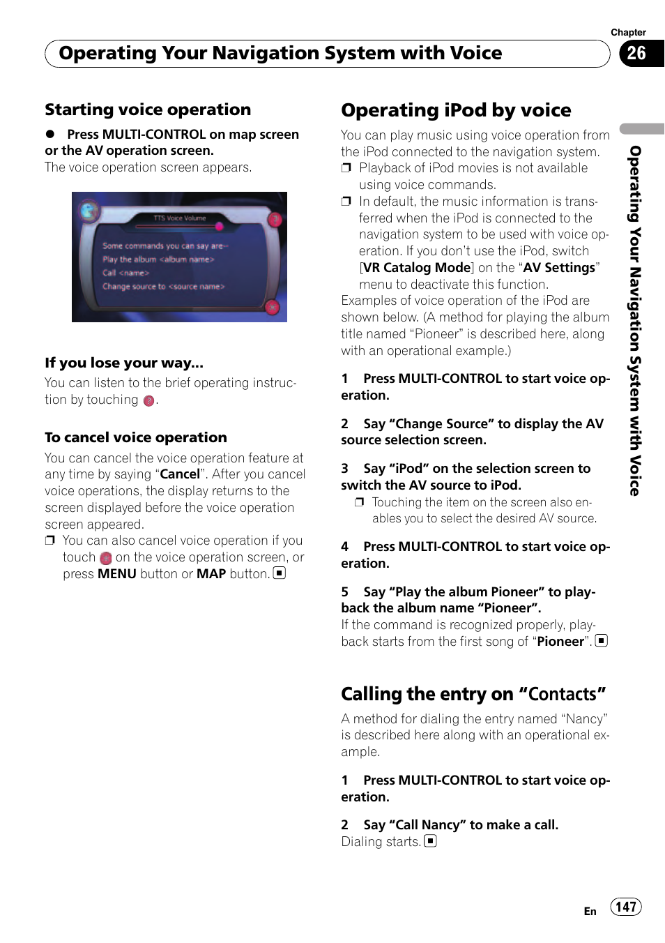 Starting voice operation 147, Operating ipod by voice, Calling the entry on | Contacts” 147, Calling the entry on “contacts, Operating your navigation system with voice | Pioneer Premier Flash Memory Multimedia AV Navigation Receiver AVIC-F90BT User Manual | Page 147 / 189