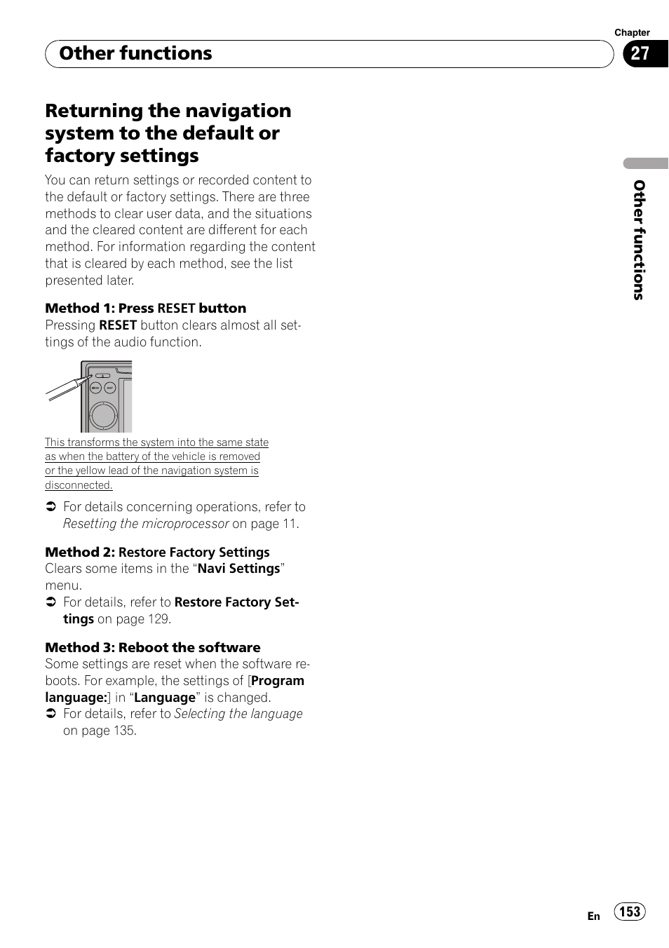 Returning the navigation system to the, Default or factory settings, Returning the na | Other functions | Pioneer Premier Flash Memory Multimedia AV Navigation Receiver AVIC-F90BT User Manual | Page 153 / 189