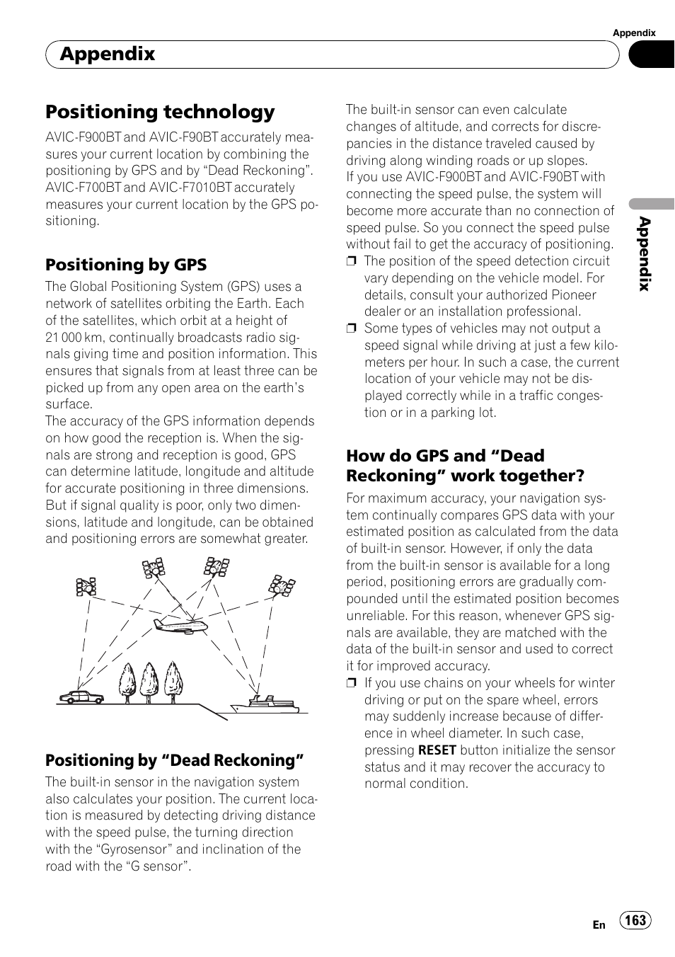 Positioning technology, Positioning by gps 163, Positioning by “dead reckoning” 163 | How do gps and “dead reckoning, Work together, Appendix | Pioneer Premier Flash Memory Multimedia AV Navigation Receiver AVIC-F90BT User Manual | Page 163 / 189