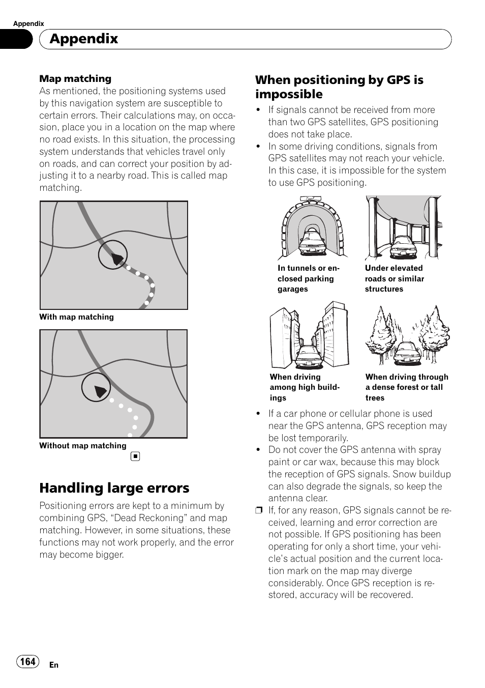 Handling large errors, When positioning by gps is, Impossible | Appendix, When positioning by gps is impossible | Pioneer Premier Flash Memory Multimedia AV Navigation Receiver AVIC-F90BT User Manual | Page 164 / 189