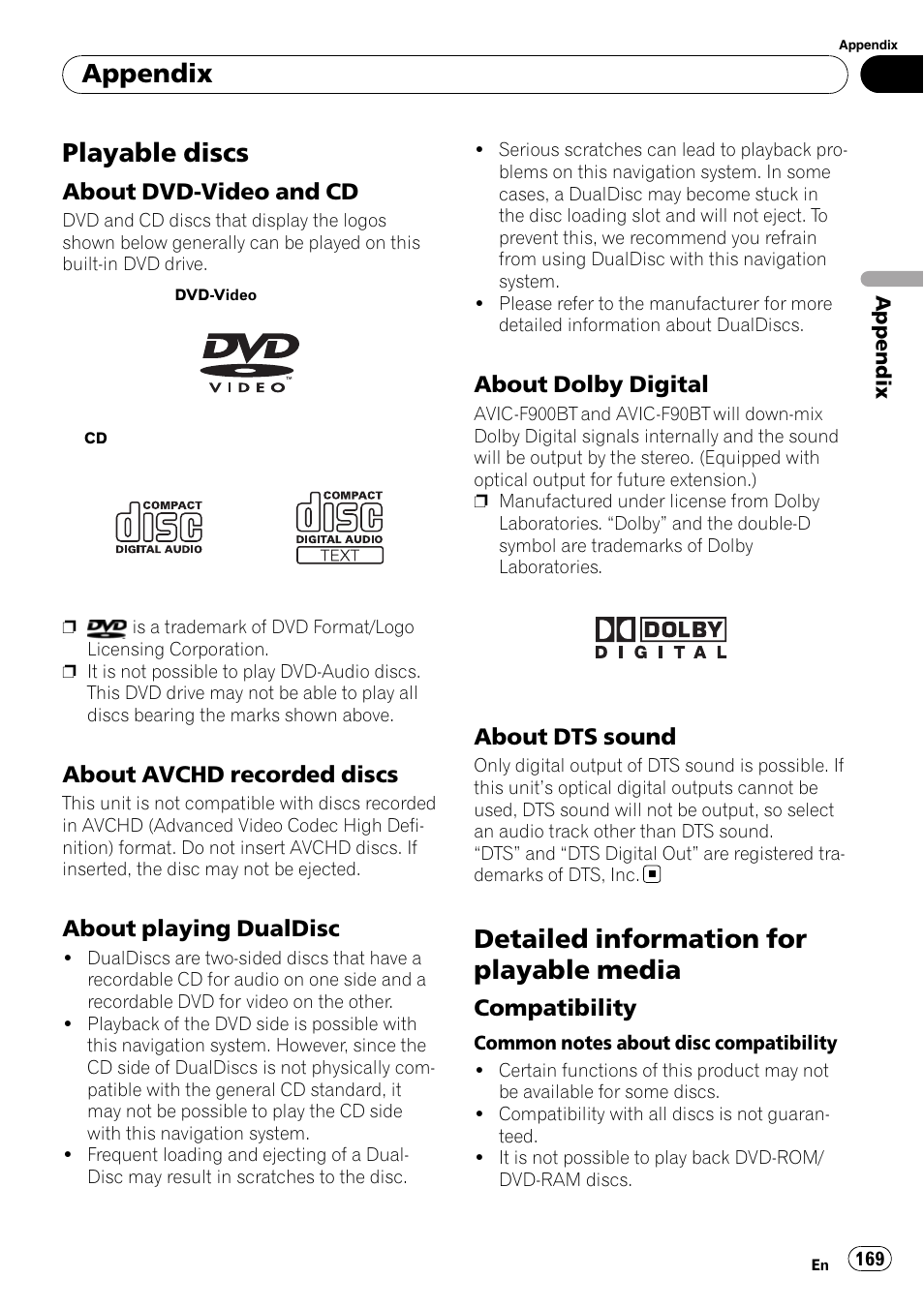 Playable discs, About dvd-video and cd 169, About avchd recorded discs 169 | About playing dualdisc 169, About dolby digital 169, About dts sound 169, Detailed information for playable media, Compatibility 169, Appendix | Pioneer Premier Flash Memory Multimedia AV Navigation Receiver AVIC-F90BT User Manual | Page 169 / 189