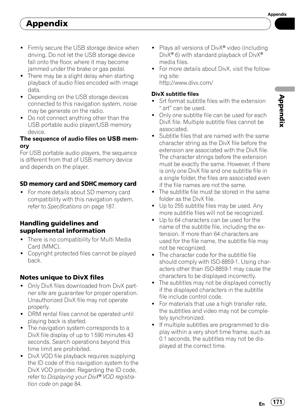 Appendix | Pioneer Premier Flash Memory Multimedia AV Navigation Receiver AVIC-F90BT User Manual | Page 171 / 189