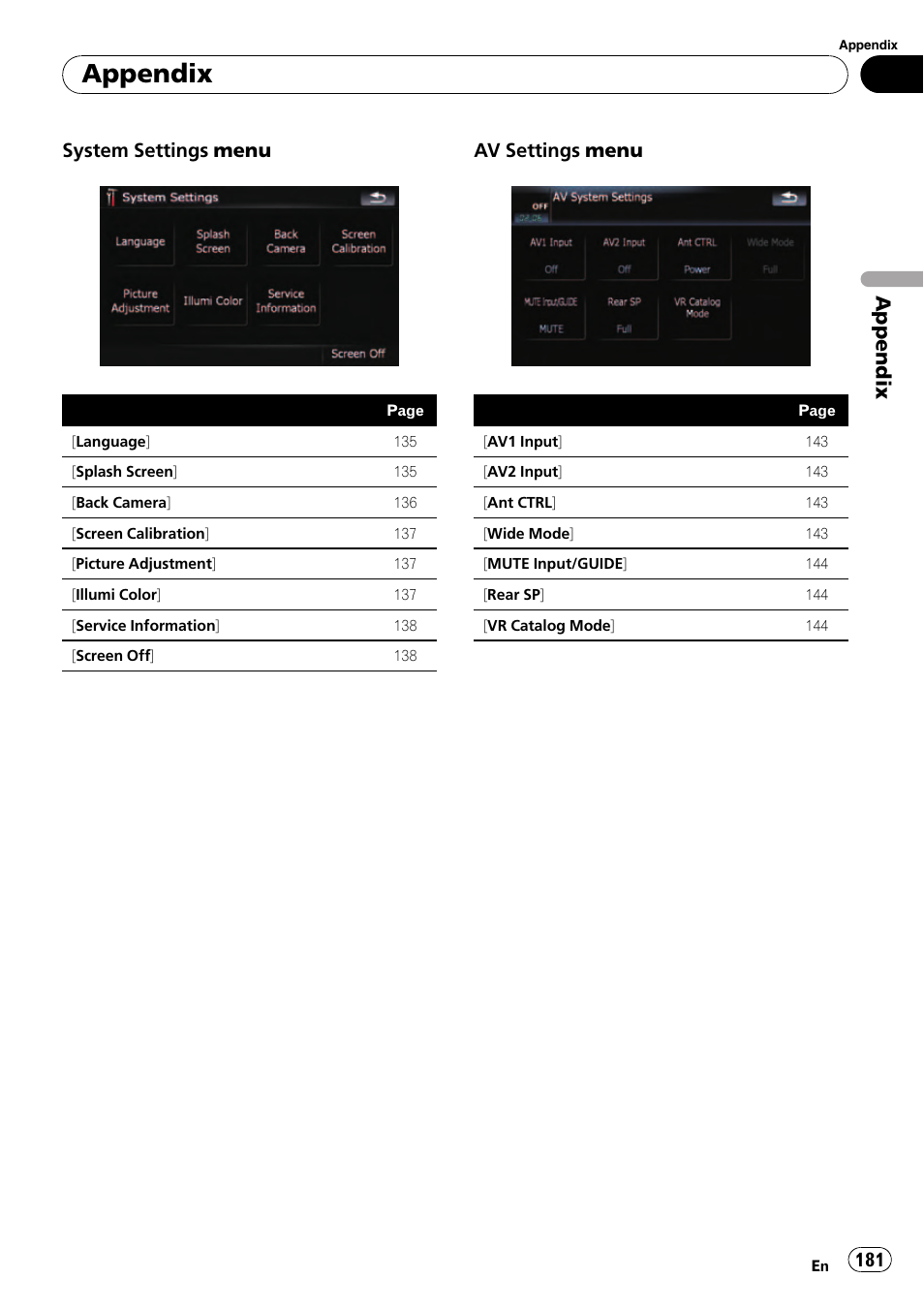 Appendix, System settings menu, Av settings menu | Pioneer Premier Flash Memory Multimedia AV Navigation Receiver AVIC-F90BT User Manual | Page 181 / 189