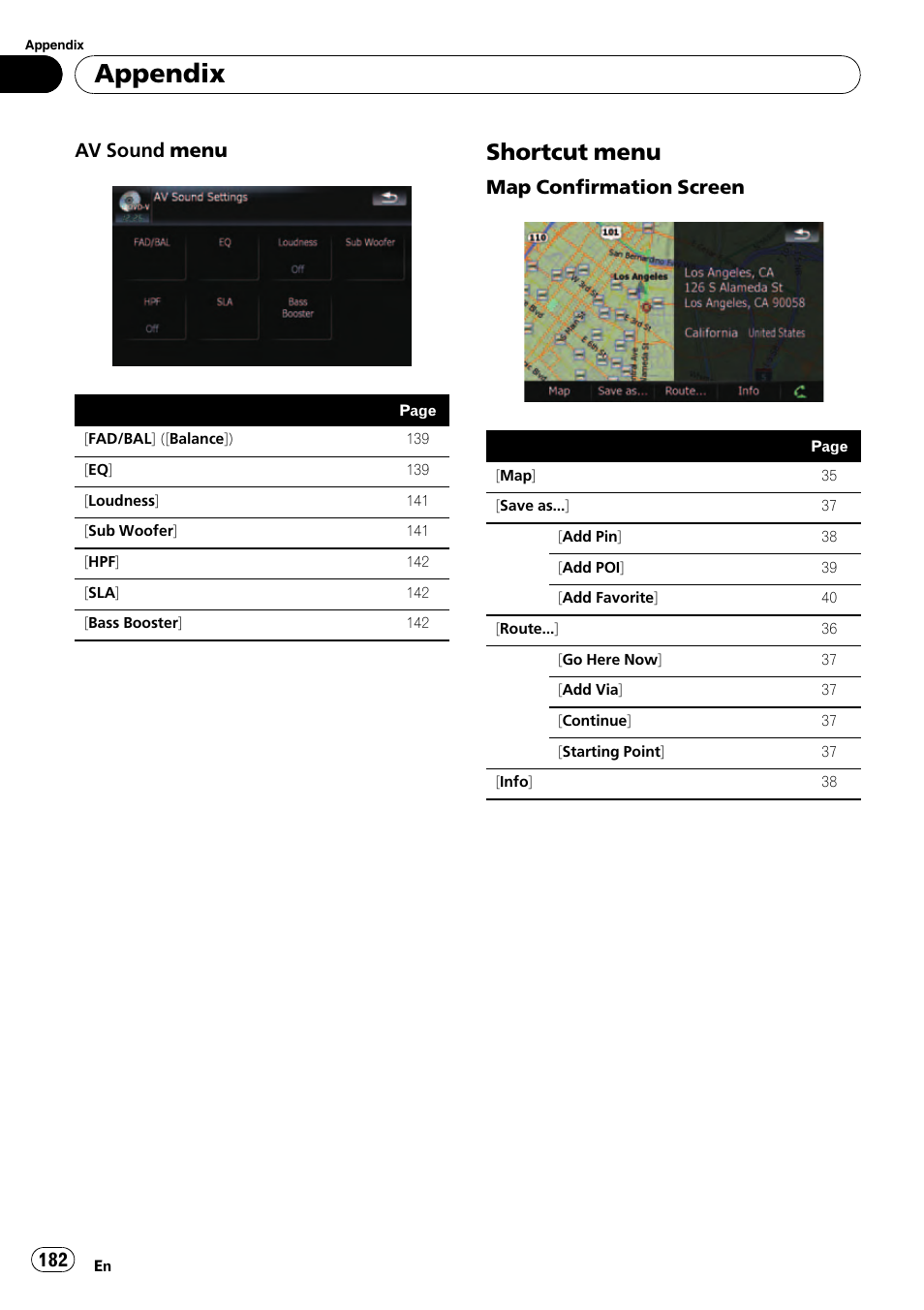 Shortcut menu 182, Appendix, Shortcut menu | Av sound menu, Map confirmation screen | Pioneer Premier Flash Memory Multimedia AV Navigation Receiver AVIC-F90BT User Manual | Page 182 / 189