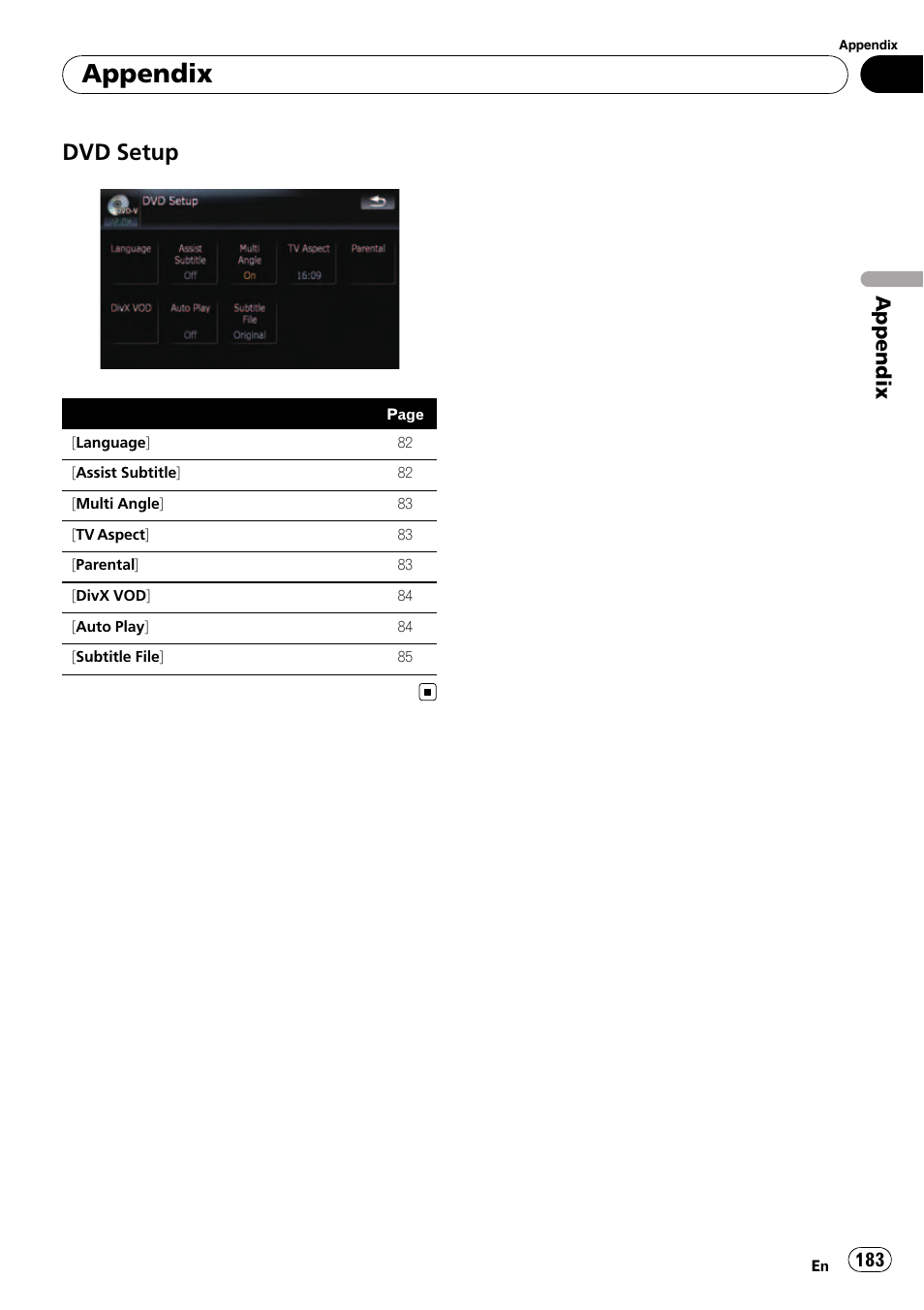 Dvd setup 183, Appendix, Dvd setup | Pioneer Premier Flash Memory Multimedia AV Navigation Receiver AVIC-F90BT User Manual | Page 183 / 189