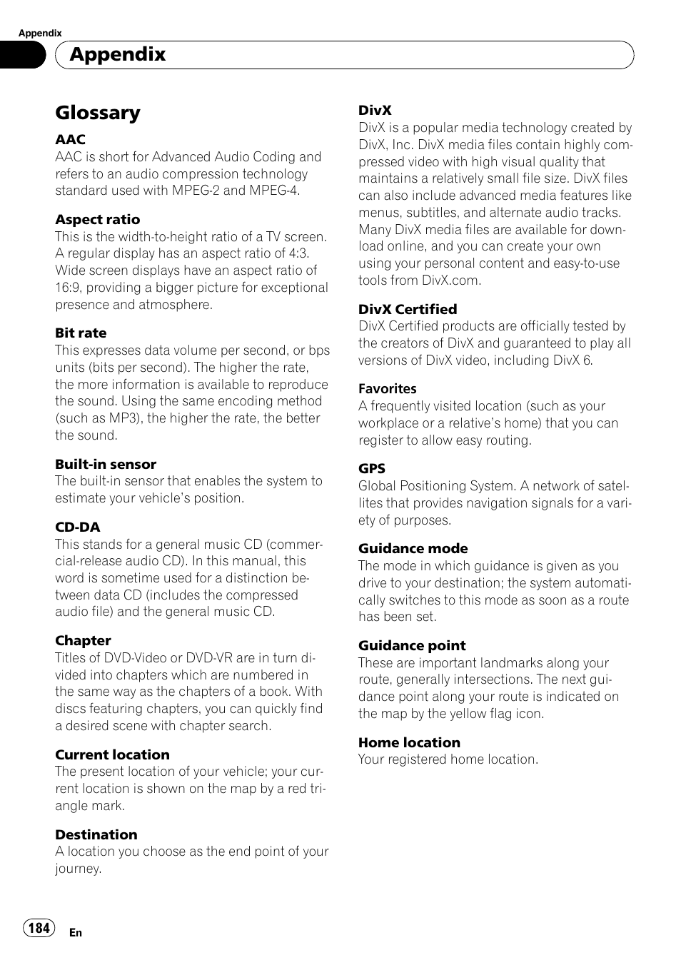 Glossary, Appendix | Pioneer Premier Flash Memory Multimedia AV Navigation Receiver AVIC-F90BT User Manual | Page 184 / 189