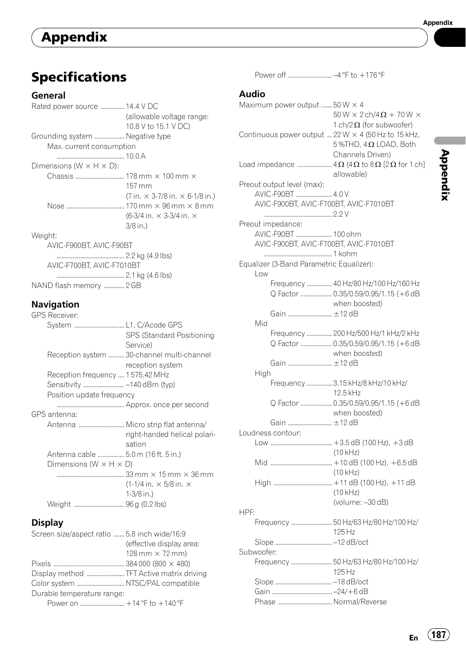 Specifications, Appendix, General | Navigation, Display, Audio | Pioneer Premier Flash Memory Multimedia AV Navigation Receiver AVIC-F90BT User Manual | Page 187 / 189
