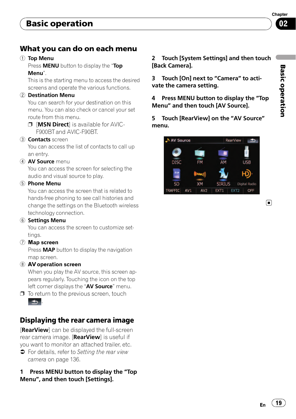 What you can do on each menu 19, Displaying the rear camera image 19, Basic operation | What you can do on each menu, Displaying the rear camera image | Pioneer Premier Flash Memory Multimedia AV Navigation Receiver AVIC-F90BT User Manual | Page 19 / 189