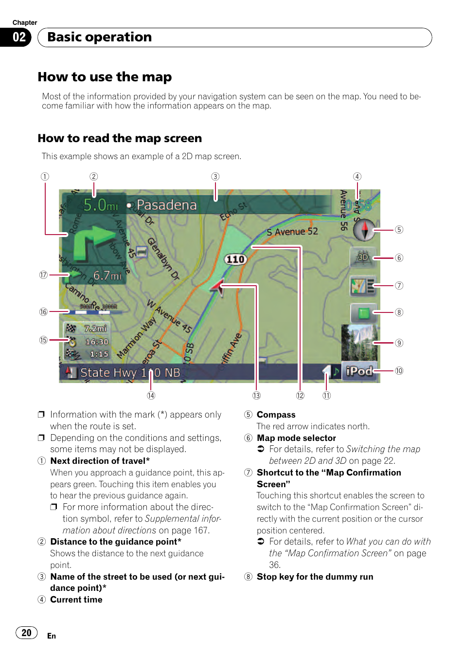 How to use the map, How to read the map screen 20, Basic operation | How to read the map screen | Pioneer Premier Flash Memory Multimedia AV Navigation Receiver AVIC-F90BT User Manual | Page 20 / 189