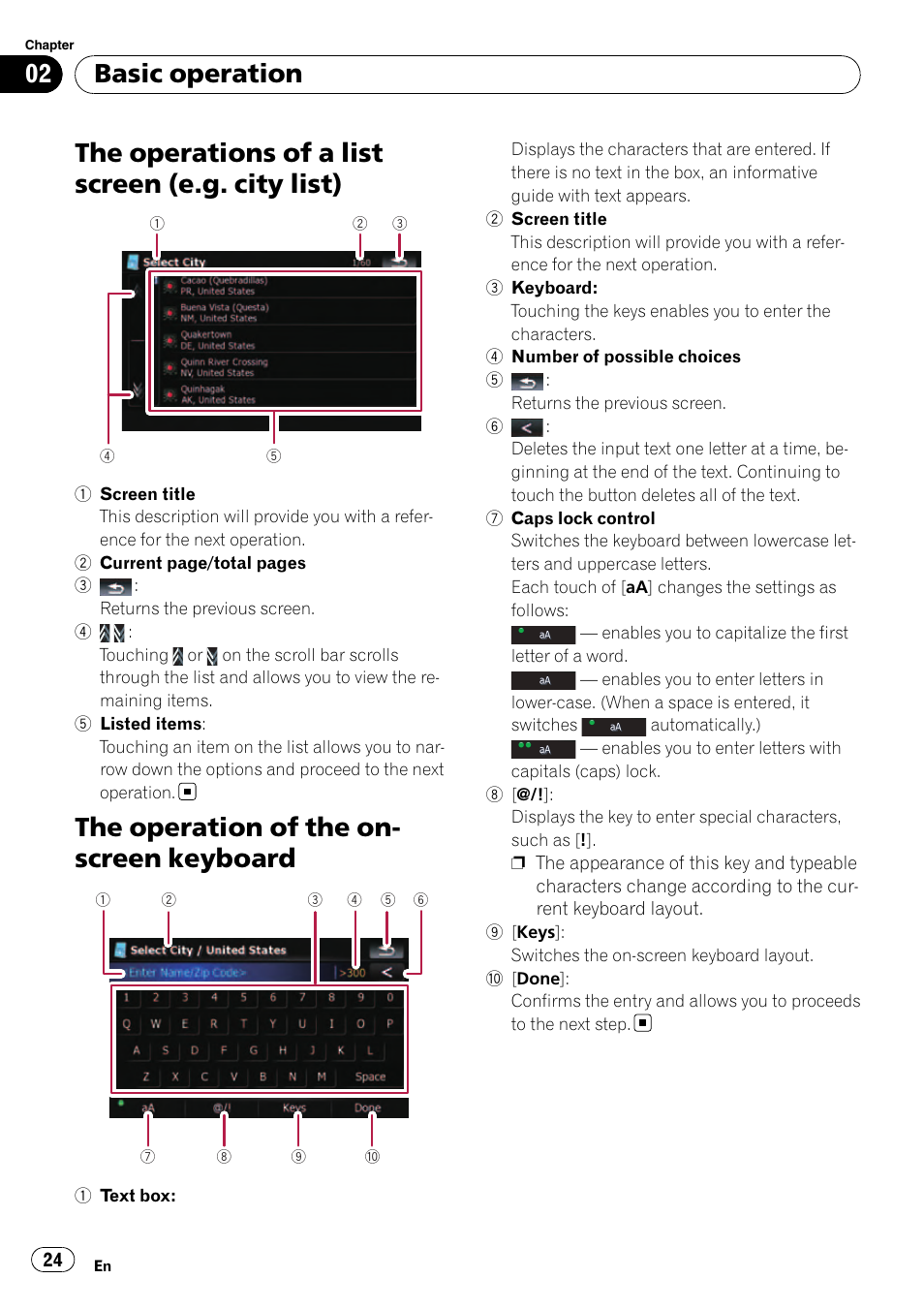 The operations of a list screen (e.g. city, List), The operation of the on-screen keyboard | The operations of a list screen (e.g. city list), The operation of the on- screen keyboard, Basic operation | Pioneer Premier Flash Memory Multimedia AV Navigation Receiver AVIC-F90BT User Manual | Page 24 / 189