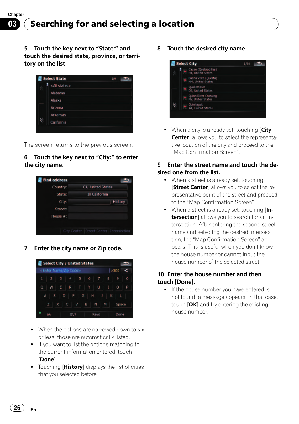 Searching for and selecting a location | Pioneer Premier Flash Memory Multimedia AV Navigation Receiver AVIC-F90BT User Manual | Page 26 / 189
