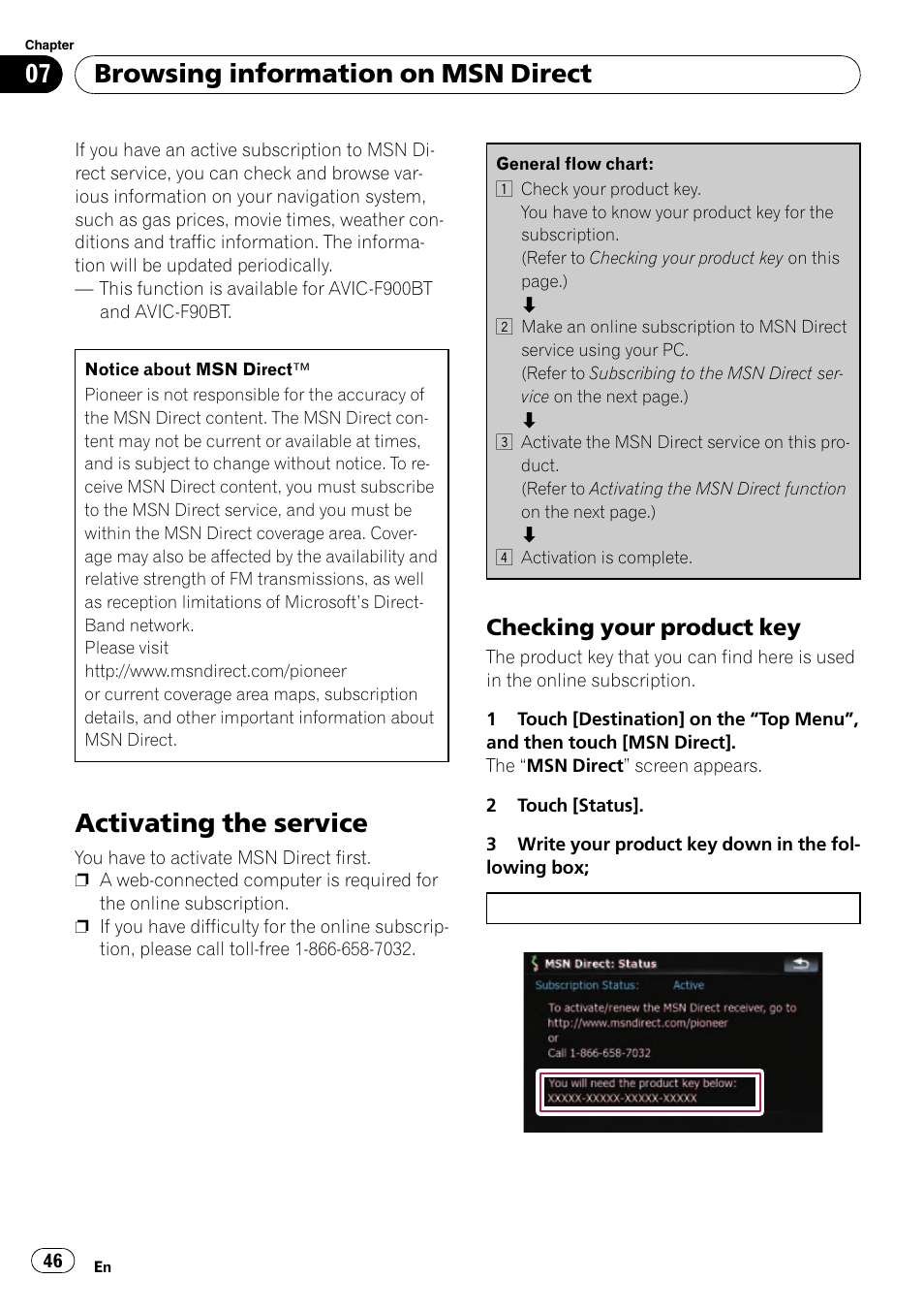 Checking your product key 46, Activating the service, Browsing information on msn direct | Checking your product key | Pioneer Premier Flash Memory Multimedia AV Navigation Receiver AVIC-F90BT User Manual | Page 46 / 189