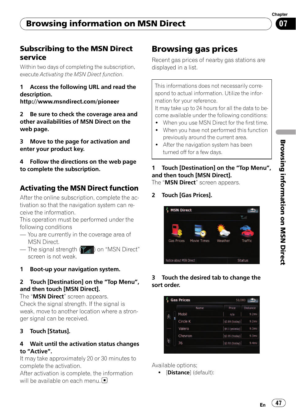 Subscribing to the msn direct, Service, Activating the msn direct | Function, Browsing gas prices, Browsing information on msn direct, Subscribing to the msn direct service, Activating the msn direct function | Pioneer Premier Flash Memory Multimedia AV Navigation Receiver AVIC-F90BT User Manual | Page 47 / 189