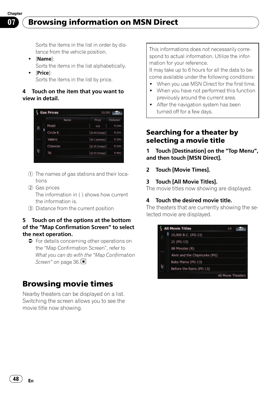 Browsing movie times, Searching for a theater by selecting a, Movie title | Browsing information on msn direct, Searching for a theater by selecting a movie title | Pioneer Premier Flash Memory Multimedia AV Navigation Receiver AVIC-F90BT User Manual | Page 48 / 189