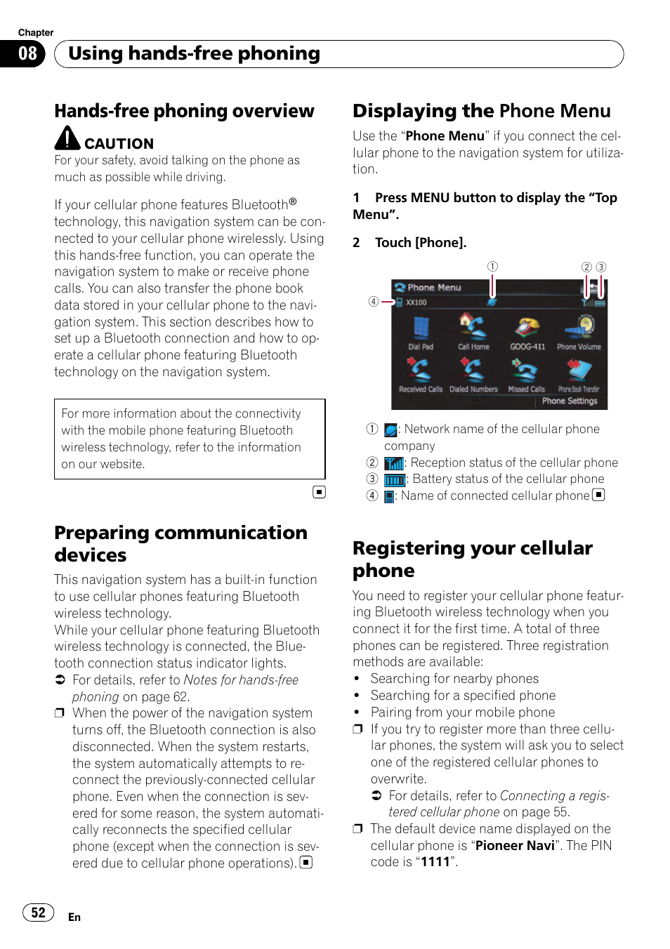 Preparing communication devices, Displaying the phone menu, Registering your cellular phone | Chapter 8, Hands-free phoning overview, Using hands-free phoning | Pioneer Premier Flash Memory Multimedia AV Navigation Receiver AVIC-F90BT User Manual | Page 52 / 189