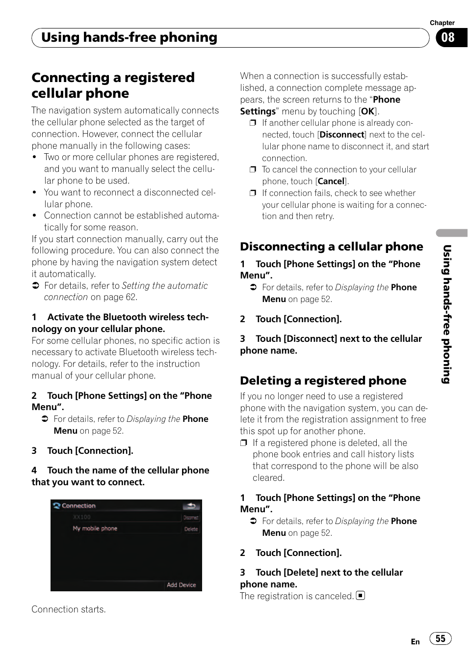 Connecting a registered cellular phone, Disconnecting a cellular phone 55, Deleting a registered phone 55 | Connecting a regis, Using hands-free phoning, Disconnecting a cellular phone, Deleting a registered phone | Pioneer Premier Flash Memory Multimedia AV Navigation Receiver AVIC-F90BT User Manual | Page 55 / 189