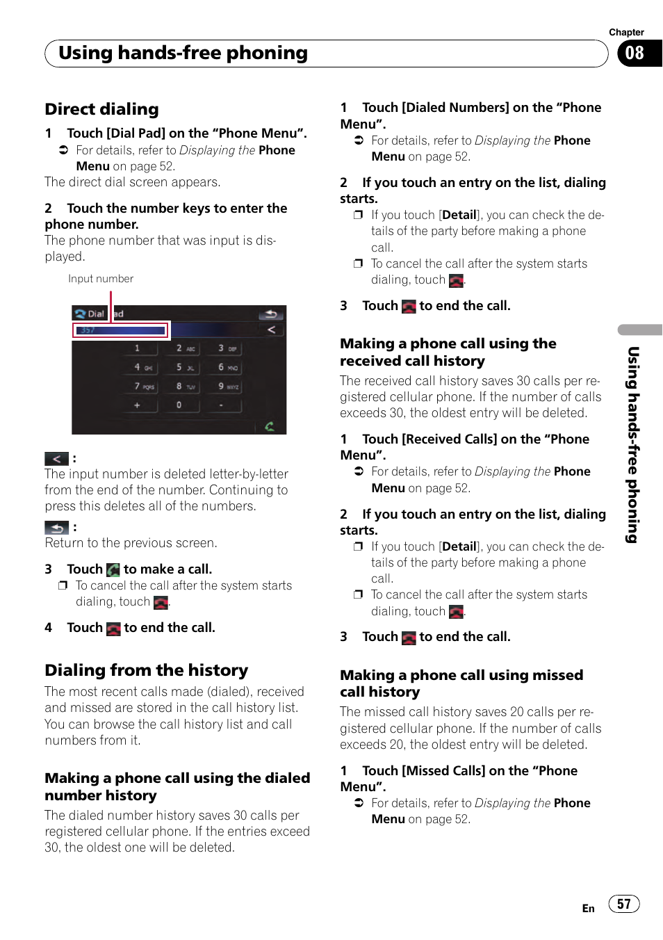 Direct dialing 57, Dialing from the history 57, Dialing from the history | Using hands-free phoning, Direct dialing | Pioneer Premier Flash Memory Multimedia AV Navigation Receiver AVIC-F90BT User Manual | Page 57 / 189