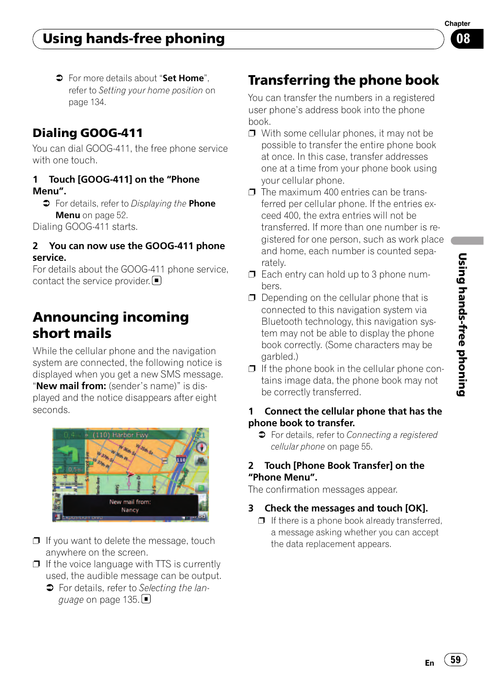 Dialing goog-411 59, Announcing incoming short mails, Transferring the phone book | Using hands-free phoning, Dialing goog-411 | Pioneer Premier Flash Memory Multimedia AV Navigation Receiver AVIC-F90BT User Manual | Page 59 / 189