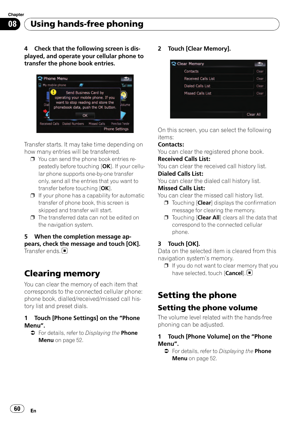 Clearing memory, Setting the phone, Setting the phone volume 60 | Setting the phone volume, Using hands-free phoning | Pioneer Premier Flash Memory Multimedia AV Navigation Receiver AVIC-F90BT User Manual | Page 60 / 189