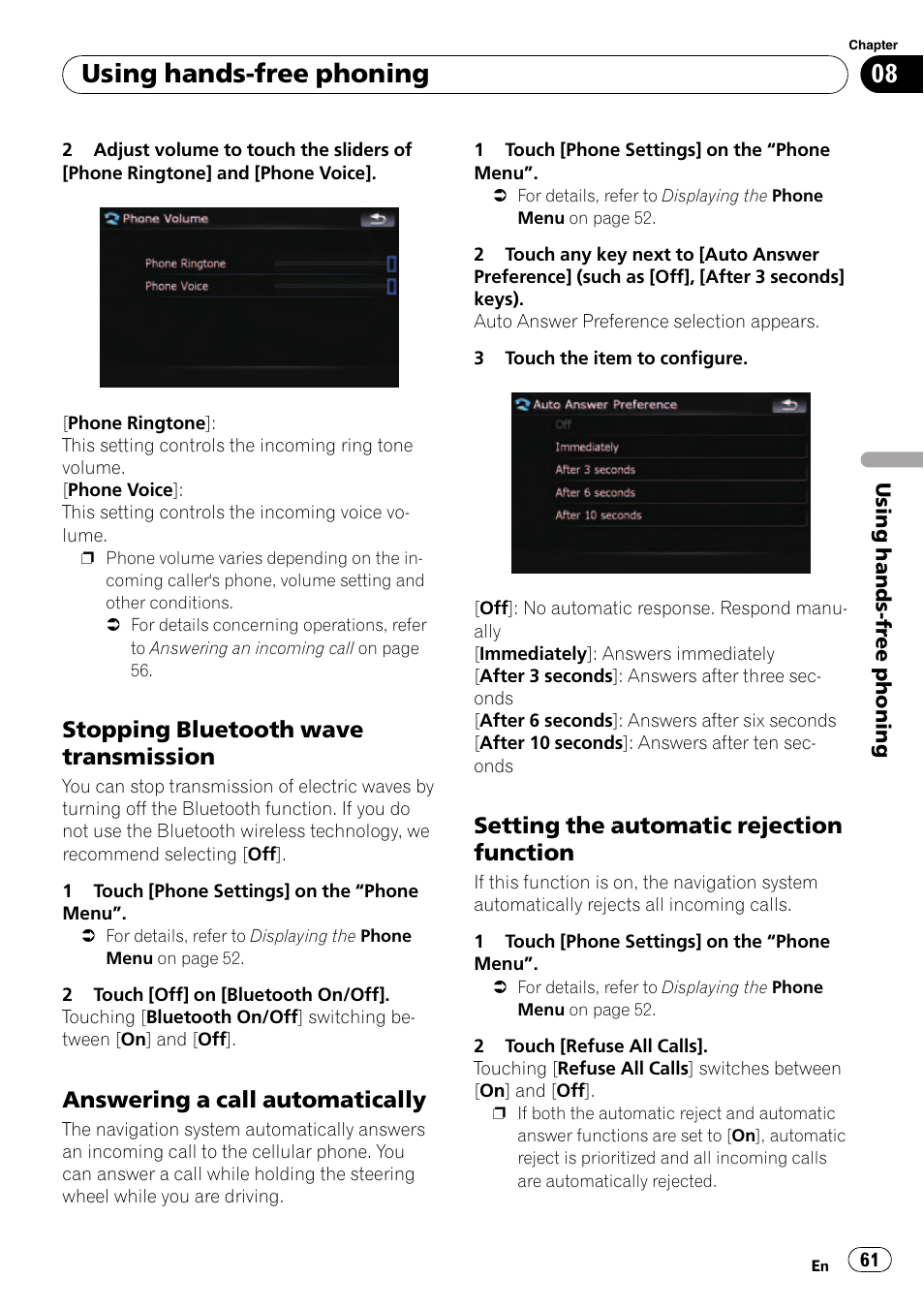 Stopping bluetooth wave, Transmission, Answering a call automatically 61 | Setting the automatic rejection, Function, Answering a call, Answering a call auto, Using hands-free phoning, Stopping bluetooth wave transmission, Answering a call automatically | Pioneer Premier Flash Memory Multimedia AV Navigation Receiver AVIC-F90BT User Manual | Page 61 / 189