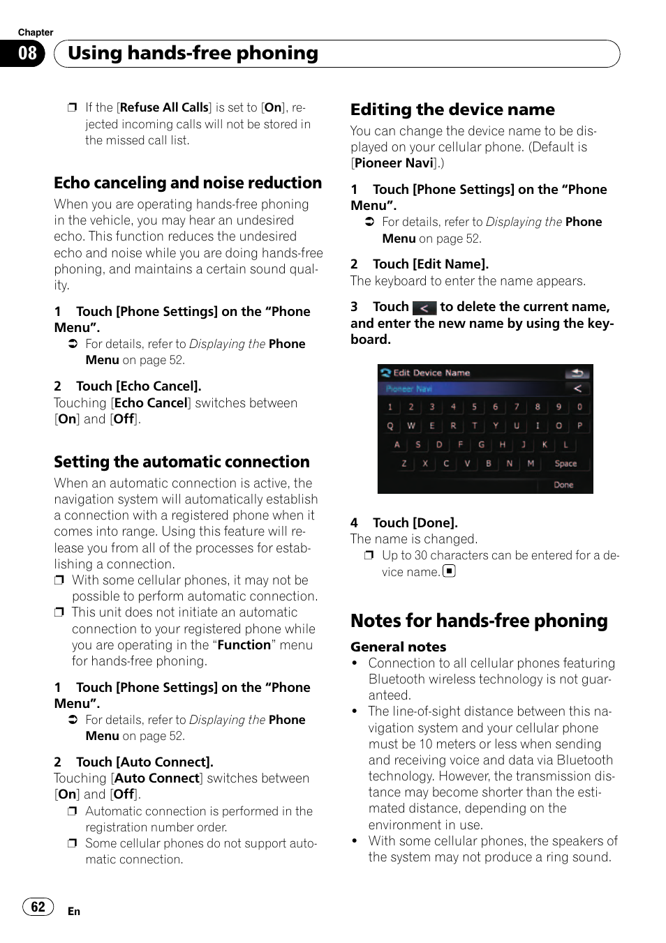 Echo canceling and noise, Reduction, Setting the automatic connection 62 | Editing the device name 62, Notes for hands-free phoning, Notes for hands-free, Setting the automatic, Using hands-free phoning, Echo canceling and noise reduction, Setting the automatic connection | Pioneer Premier Flash Memory Multimedia AV Navigation Receiver AVIC-F90BT User Manual | Page 62 / 189