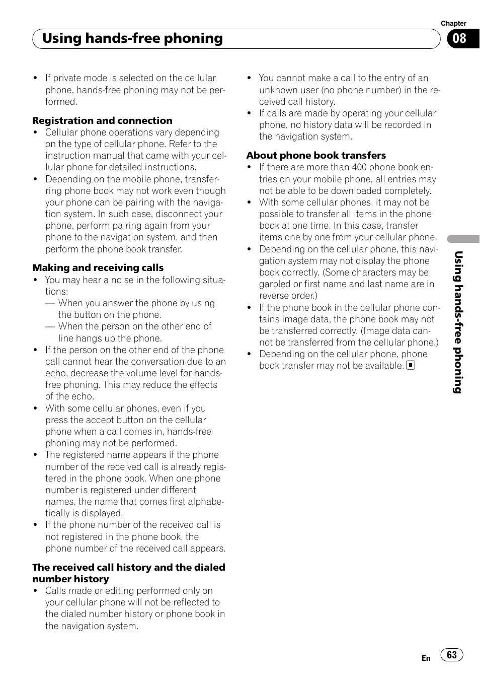 Using hands-free phoning | Pioneer Premier Flash Memory Multimedia AV Navigation Receiver AVIC-F90BT User Manual | Page 63 / 189