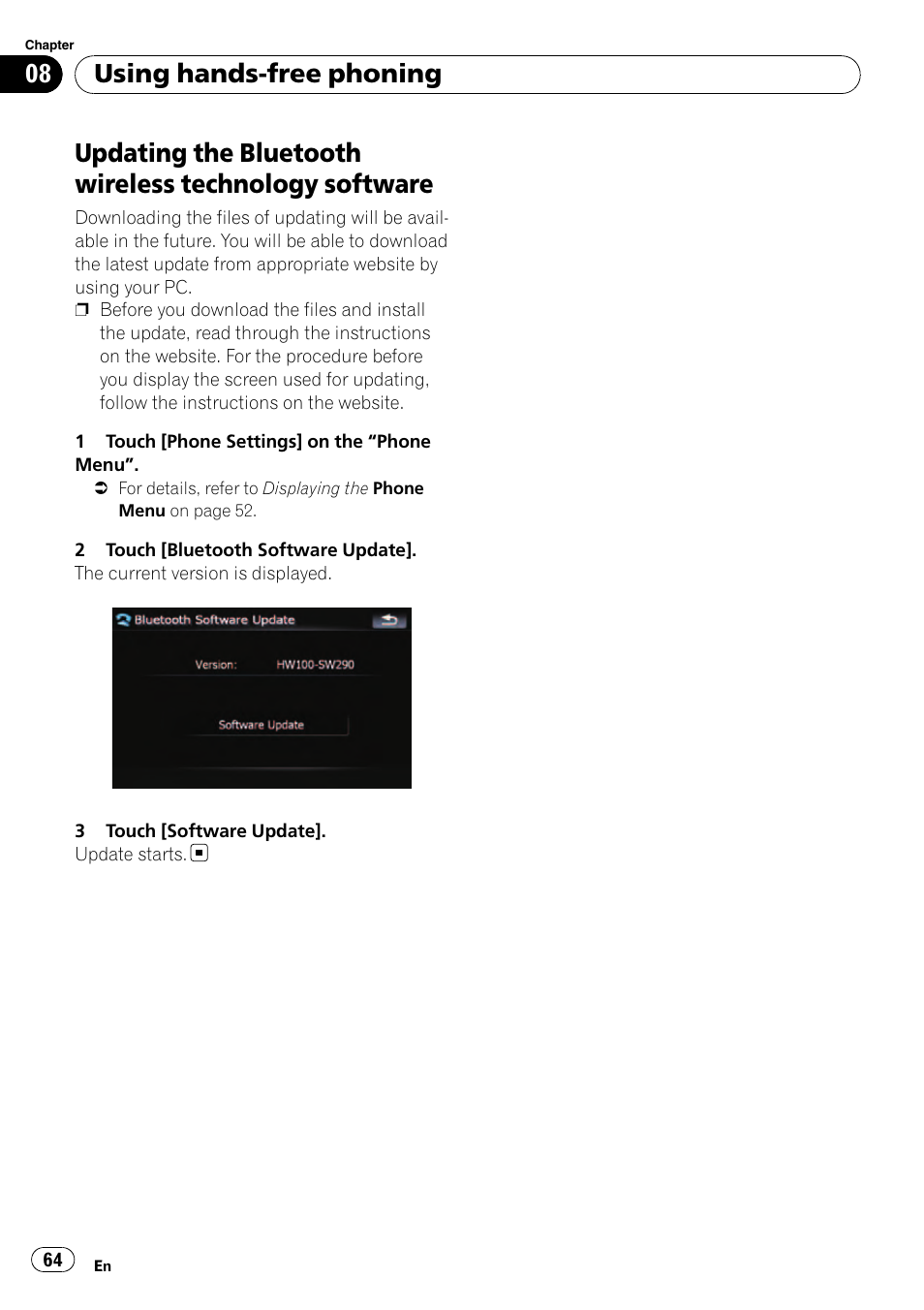 Updating the bluetooth wireless technology, Software, Using hands-free phoning | Pioneer Premier Flash Memory Multimedia AV Navigation Receiver AVIC-F90BT User Manual | Page 64 / 189