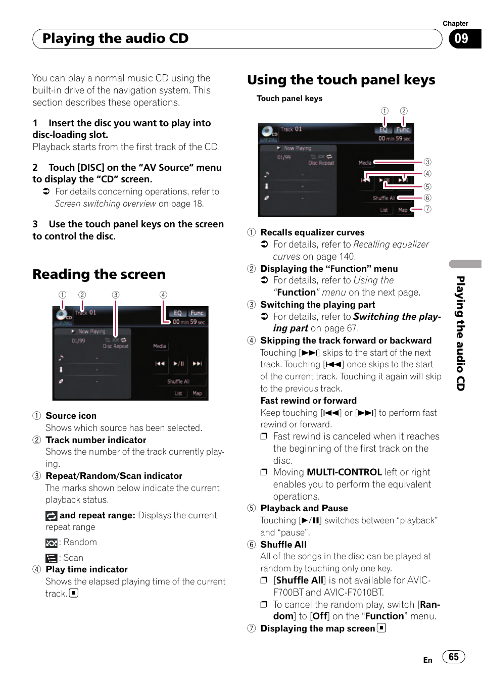 Playing the audio cd reading the screen, Using the touch panel keys, Chapter 9 | Reading the screen, Playing the audio cd | Pioneer Premier Flash Memory Multimedia AV Navigation Receiver AVIC-F90BT User Manual | Page 65 / 189