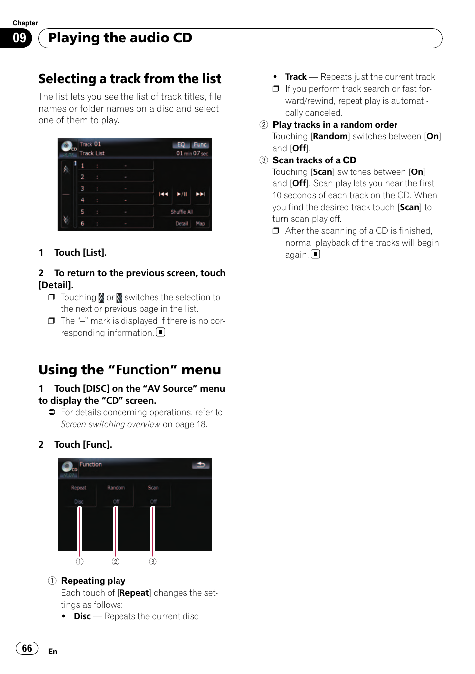 Selecting a track from the list, Using the, Function” menu 66 | Using the “function” menu, Playing the audio cd | Pioneer Premier Flash Memory Multimedia AV Navigation Receiver AVIC-F90BT User Manual | Page 66 / 189