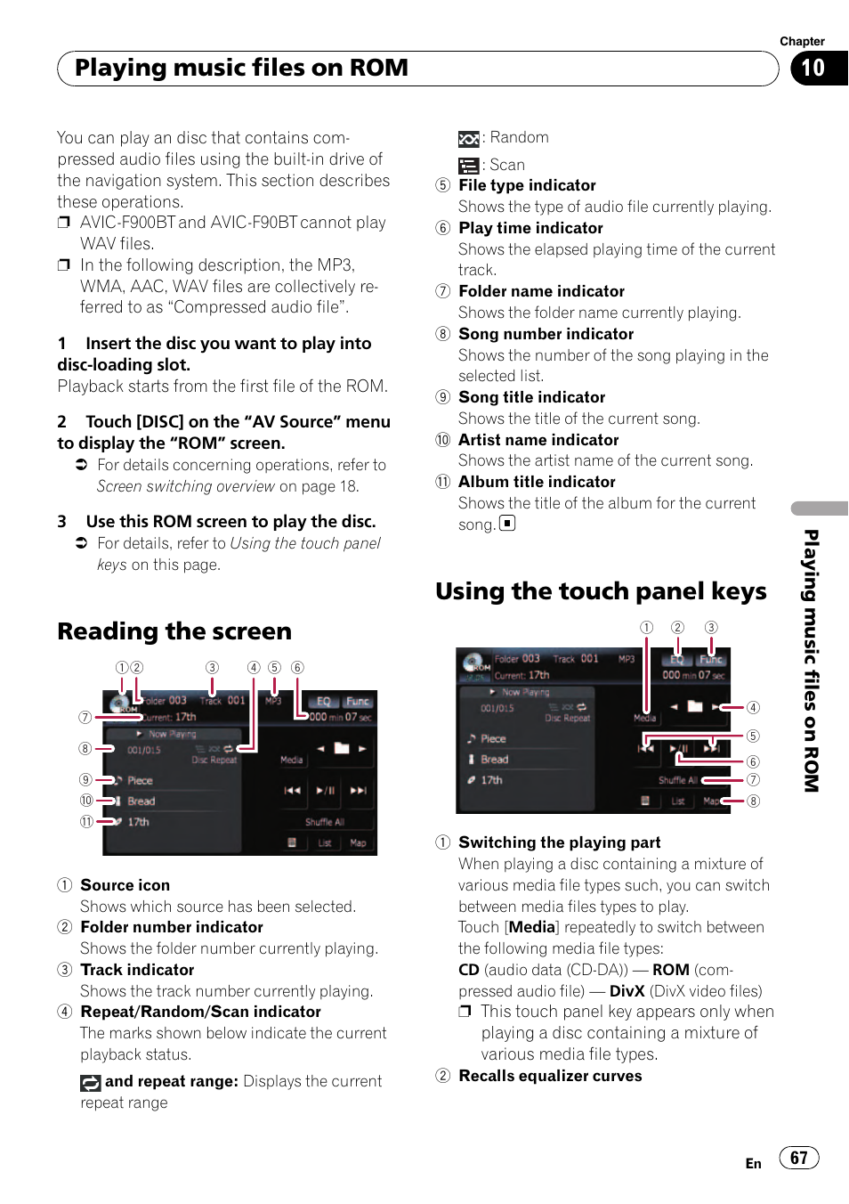 Playing music files on rom reading the screen, Using the touch panel keys, Switching the play | Reading the screen, Playing music files on rom | Pioneer Premier Flash Memory Multimedia AV Navigation Receiver AVIC-F90BT User Manual | Page 67 / 189