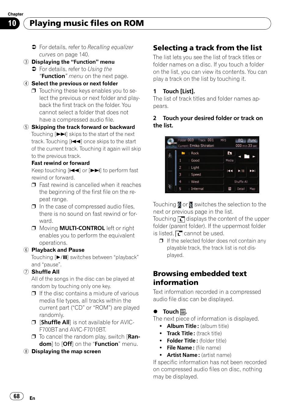 Selecting a track from the list 68, Browsing embedded text, Information | Playing music files on rom, Selecting a track from the list, Browsing embedded text information | Pioneer Premier Flash Memory Multimedia AV Navigation Receiver AVIC-F90BT User Manual | Page 68 / 189